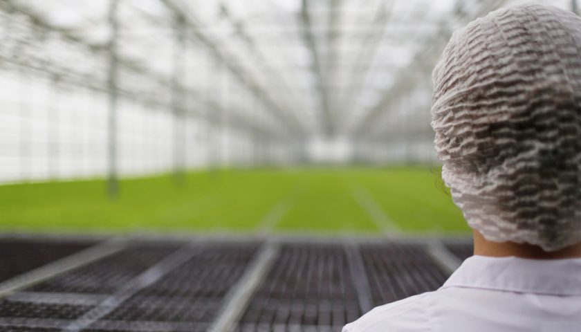 une personne en tenue de protection avec un hangar agricole en fond flou